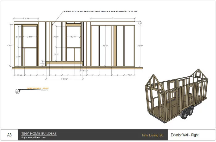 Tiny house construction plan blueprint with 3D frame rendering